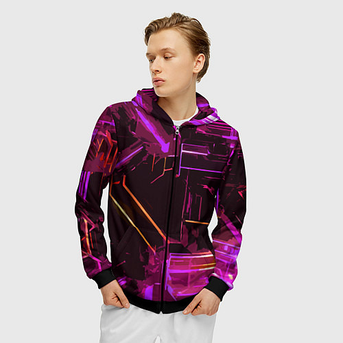 Мужская толстовка на молнии Жёлто-розовые полосы на чёрном фоне / 3D-Черный – фото 3