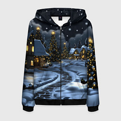 Толстовка 3D на молнии мужская Ночной новогодний город, цвет: 3D-черный