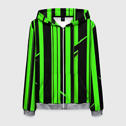 Толстовка 3D на молнии мужская Толстые зелёные полосы на чёрном фоне, цвет: 3D-меланж