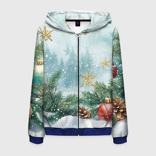 Мужская толстовка на молнии Золотые снежинки - новогодний фон / 3D-Синий – фото 1