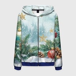 Толстовка 3D на молнии мужская Золотые снежинки - новогодний фон, цвет: 3D-синий