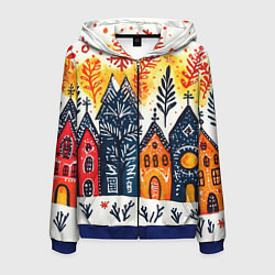 Толстовка 3D на молнии мужская Разноцветные новогодние дома, цвет: 3D-синий