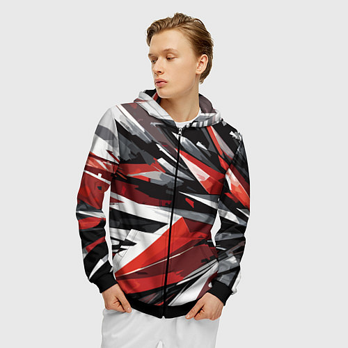 Мужская толстовка на молнии Чёрно-красно-белая абстракция / 3D-Черный – фото 3