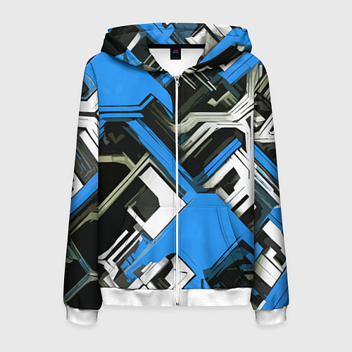 Мужская толстовка на молнии Сине-белый техно паттерн на чёрном фоне / 3D-Белый – фото 1