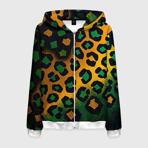 Мужская толстовка на молнии Зеленые и золотые пятна леопарда / 3D-Белый – фото 1