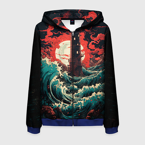 Мужская толстовка на молнии Маяк и волны в японском стиле / 3D-Синий – фото 1