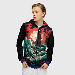 Толстовка 3D на молнии мужская Маяк и волны в японском стиле, цвет: 3D-синий — фото 2