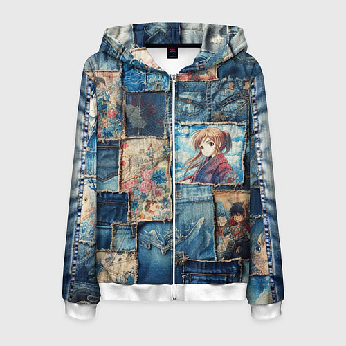 Мужская толстовка на молнии Аниме влюбленные на пэчворк / 3D-Белый – фото 1