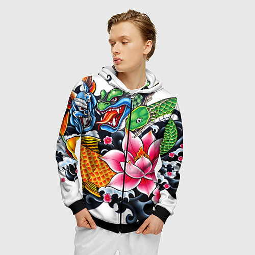 Мужская толстовка на молнии Иредзуми на белом фоне / 3D-Черный – фото 3