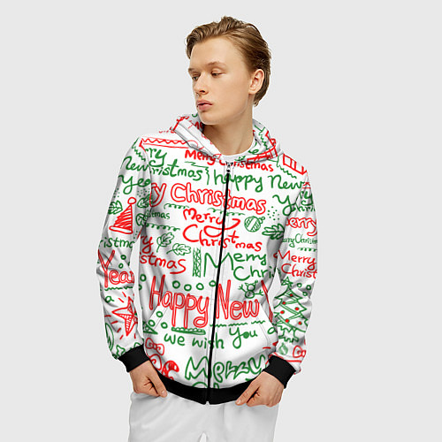 Мужская толстовка на молнии Новогодняя атмосфера merry christmas / 3D-Черный – фото 3
