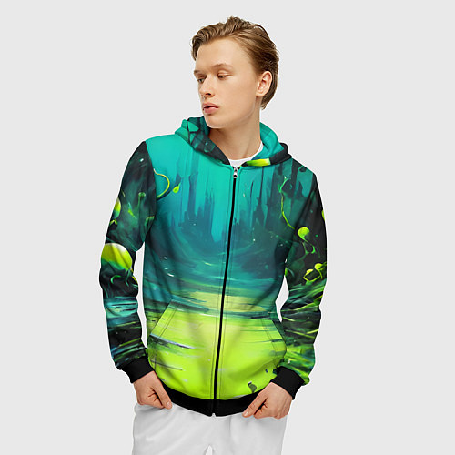 Мужская толстовка на молнии Зелёная кислотная абстракция / 3D-Черный – фото 3