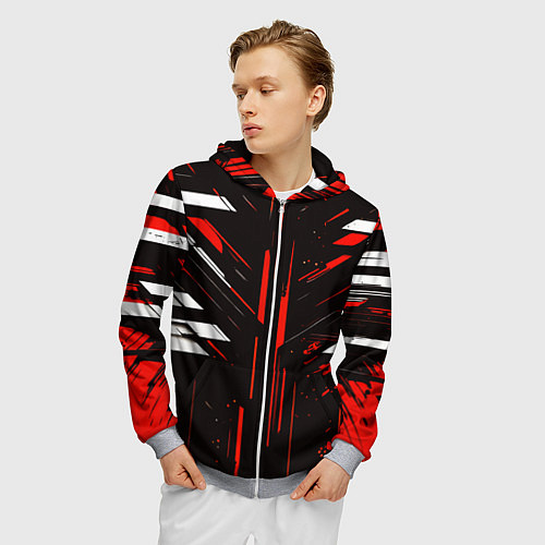 Мужская толстовка на молнии Красно-белые полосы и точки на чёрном фоне / 3D-Меланж – фото 3