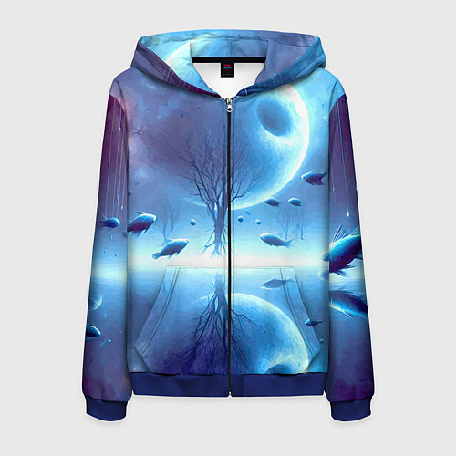 Мужская толстовка на молнии Луна и рыбы - нейроарт фантазия / 3D-Синий – фото 1