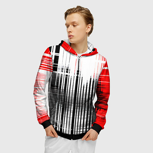 Мужская толстовка на молнии Красно-чёрный гранж на белом фоне / 3D-Черный – фото 3
