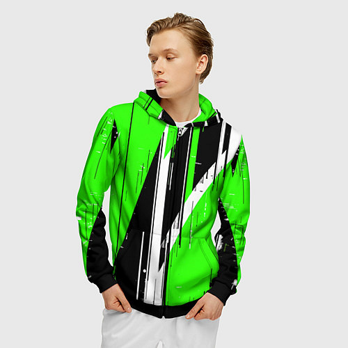 Мужская толстовка на молнии Чёрно-белые вертикальные полосы на зелёном фоне / 3D-Черный – фото 3