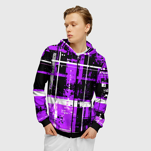 Мужская толстовка на молнии Фиолетово-белый гранж на чёрном фоне / 3D-Черный – фото 3
