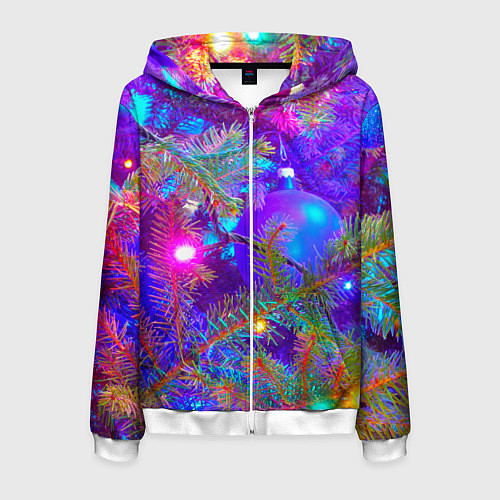 Мужская толстовка на молнии Новогоднее свечение гирлянд / 3D-Белый – фото 1