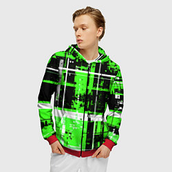 Толстовка 3D на молнии мужская Зелёно-белый гранж на чёрном фоне, цвет: 3D-красный — фото 2