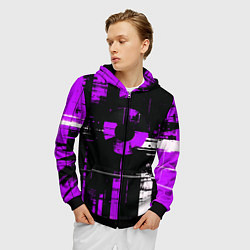 Толстовка 3D на молнии мужская Фиолетово-белый гранж на чёрном фоне, цвет: 3D-черный — фото 2