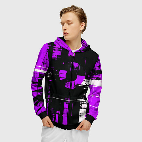 Мужская толстовка на молнии Фиолетово-белый гранж на чёрном фоне / 3D-Черный – фото 3