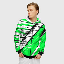 Толстовка 3D на молнии мужская Чёрно-белые глитч полосы на зелёном фоне, цвет: 3D-черный — фото 2