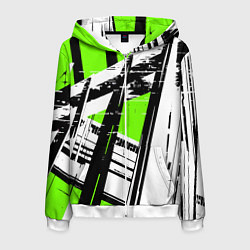 Толстовка 3D на молнии мужская Чёрно-белые абстрактные линии на зелёном фоне, цвет: 3D-белый