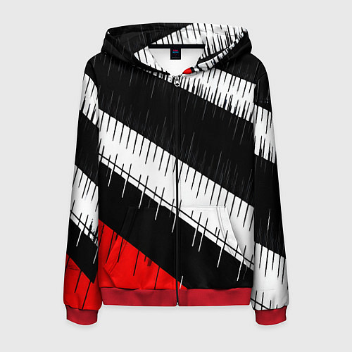 Мужская толстовка на молнии Диагональные чёрно-белые полосы на красном фоне / 3D-Красный – фото 1