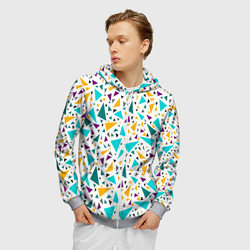 Мужская толстовка на молнии Бирюзовые желтые треугольники на белом / 3D-Меланж – фото 3