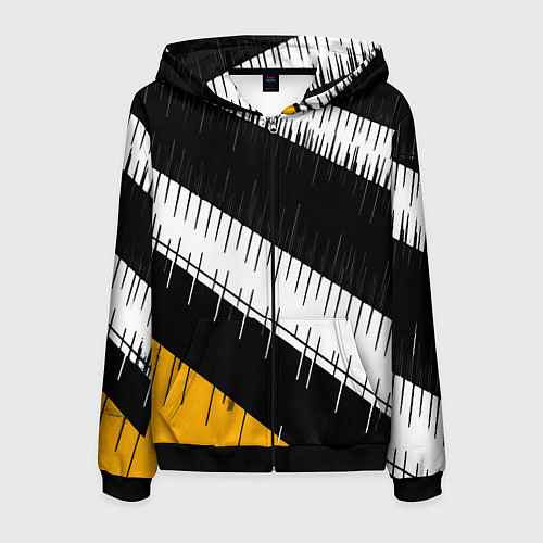 Мужская толстовка на молнии Диагональные чёрно-белые полосы на жёлтом фоне / 3D-Черный – фото 1