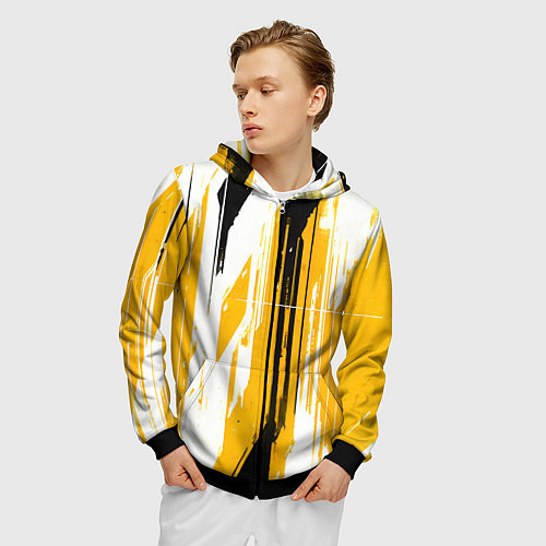 Мужская толстовка на молнии Вертикальные чёрно-белые линии на жёлтом фоне / 3D-Черный – фото 3