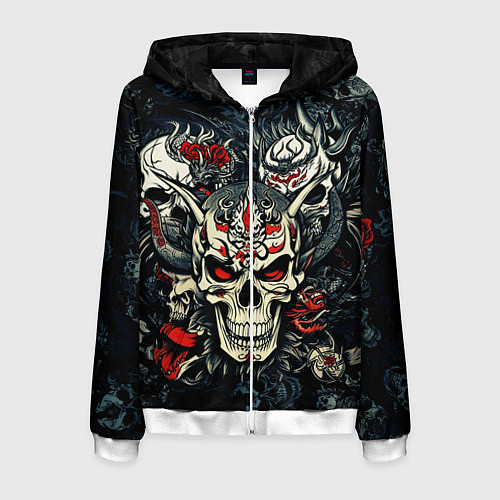 Мужская толстовка на молнии Маска Хання на черепе самурая на фоне духов / 3D-Белый – фото 1