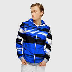Толстовка 3D на молнии мужская Горизонтальные чёрно-белые линии на синем фоне, цвет: 3D-меланж — фото 2