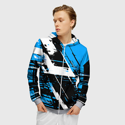 Мужская толстовка на молнии Diagonal black and white stripes on a blue backgro / 3D-Меланж – фото 3