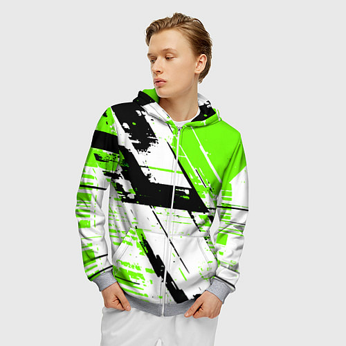 Мужская толстовка на молнии Diagonal black and green stripes on a white backgr / 3D-Меланж – фото 3