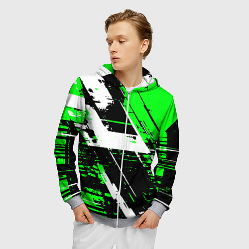 Мужская толстовка на молнии Diagonal black and white stripes on a green backgr / 3D-Меланж – фото 3