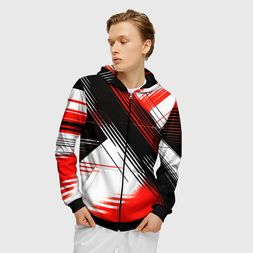 Мужская толстовка на молнии Диагональные красно-чёрные линии на белом фоне / 3D-Черный – фото 3