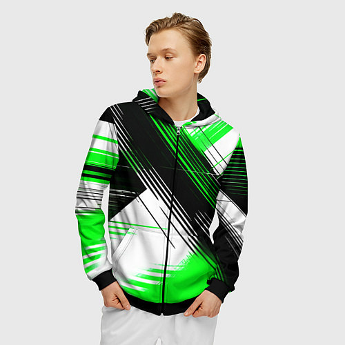 Мужская толстовка на молнии Диагональные зелёно-чёрные линии на белом фоне / 3D-Черный – фото 3