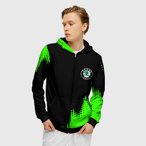 Мужская толстовка на молнии Skoda краски зеленые / 3D-Черный – фото 3
