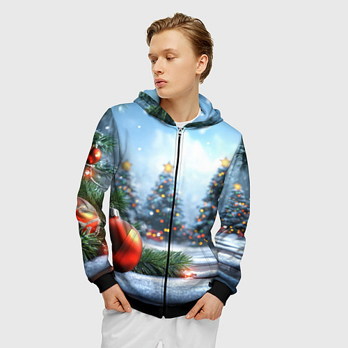 Мужская толстовка на молнии Новогодние елки и шар / 3D-Черный – фото 3