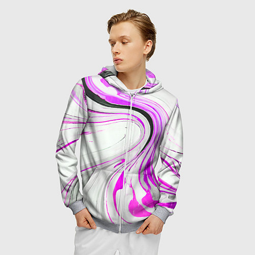 Мужская толстовка на молнии Волнистые чёрно-фиолетовые линии на белом фоне / 3D-Меланж – фото 3