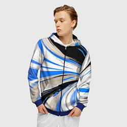 Толстовка 3D на молнии мужская Волнистые бело-синие линии на чёрном фоне, цвет: 3D-синий — фото 2