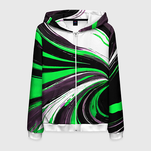 Мужская толстовка на молнии Волнистые чёрно-зелёные линии на белом фоне / 3D-Белый – фото 1
