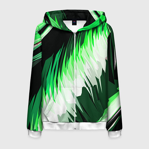 Мужская толстовка на молнии Зелёно-белая абстракция на чёрном фоне / 3D-Белый – фото 1