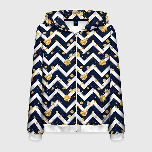 Мужская толстовка на молнии Золотые кляксы на фоне бело-синего паттерна / 3D-Белый – фото 1