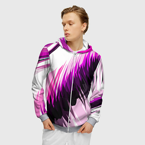 Мужская толстовка на молнии Чёрно-розовые острые полосы на белом фоне / 3D-Меланж – фото 3