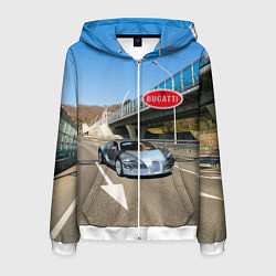 Толстовка 3D на молнии мужская Бугатти на трассе, цвет: 3D-белый