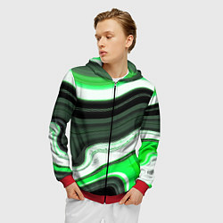 Толстовка 3D на молнии мужская Волнистые горизонтальные чёрно-зелёные полосы на б, цвет: 3D-красный — фото 2