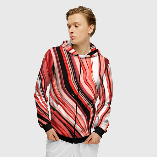 Мужская толстовка на молнии Волнистые вертикальные чёрно-красные полосы / 3D-Черный – фото 3