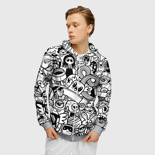 Мужская толстовка на молнии Black and white doddle monsters / 3D-Меланж – фото 3