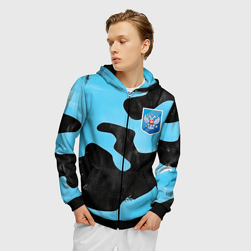 Мужская толстовка на молнии Черно-зеленый камуфляж и герб РФ / 3D-Черный – фото 3